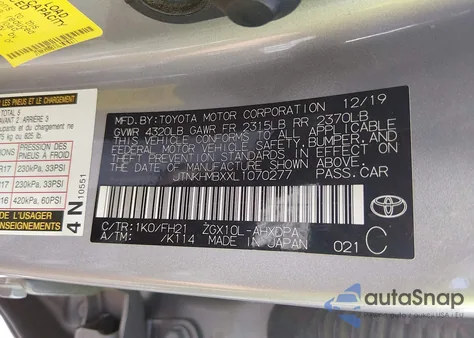 2020 Toyota C-Hr Le from USA, damaged, VIN JTNKHMBXXL1070277
